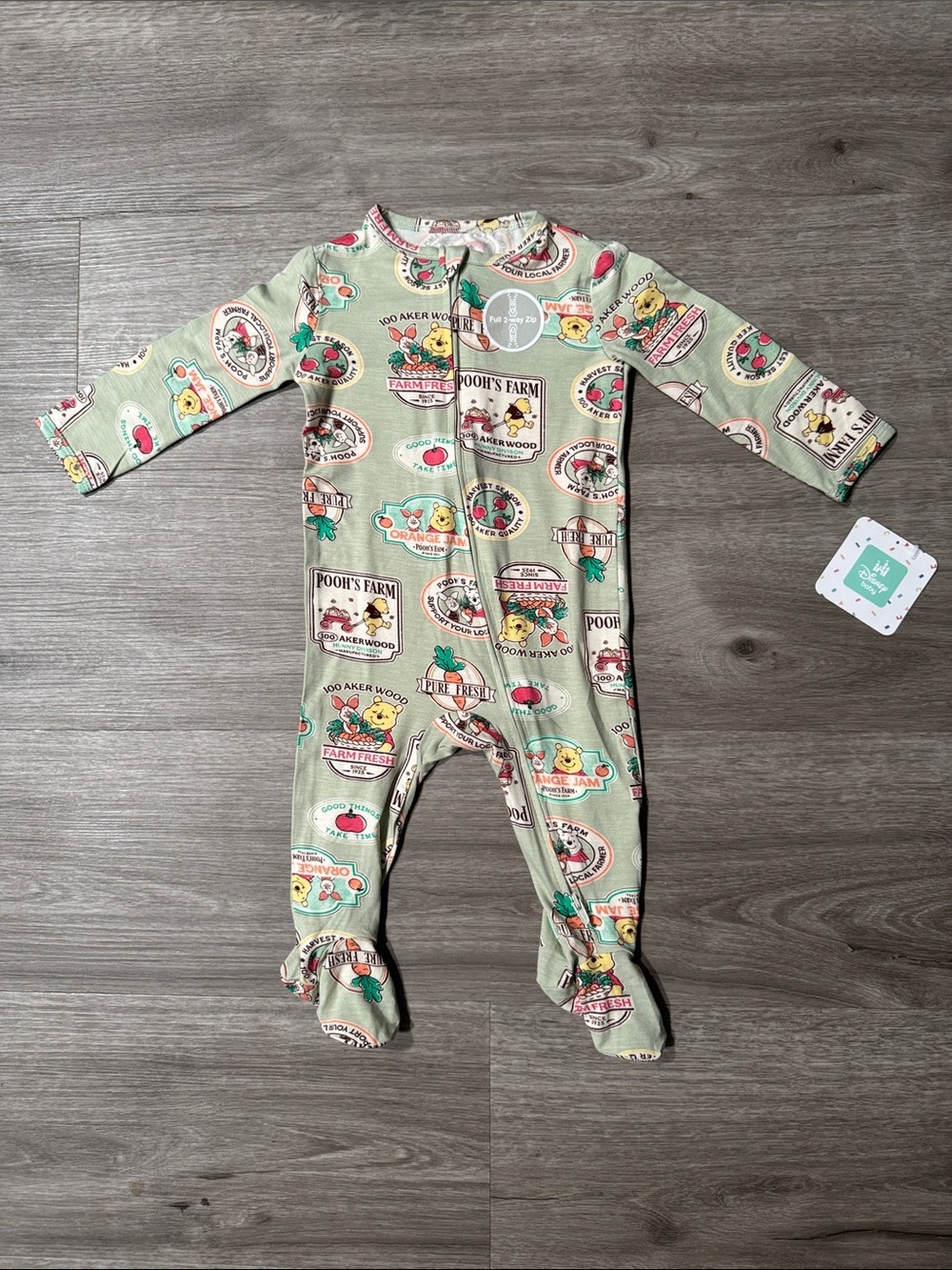 Disney Winnie the Pooh Onesie “Pooh’s Farm” Harvest Print Sage Green